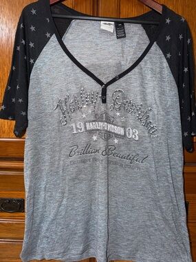 Harley-Davidson Star Raglan V-Neck Henley 3/4 Sleeve Tee Biker Embellished